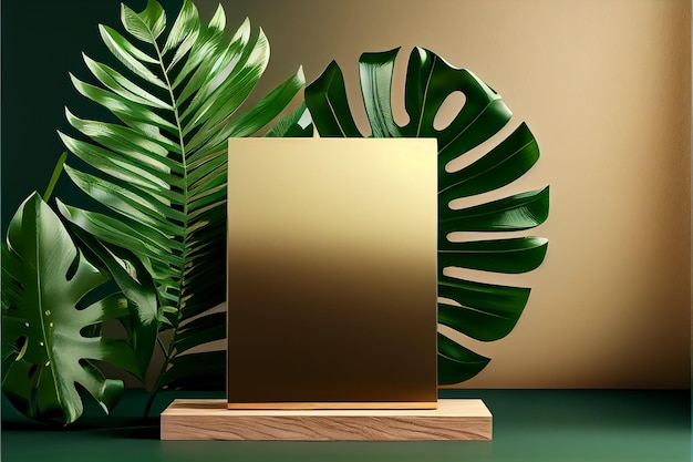 Illustration golden color platform stage podium with tropical leaves AI