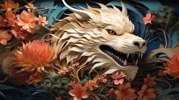 illustration of Golden dragon with flowers background