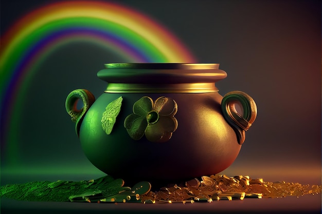 Illustration of golden pot with coins and rainbow StPatrick day AI