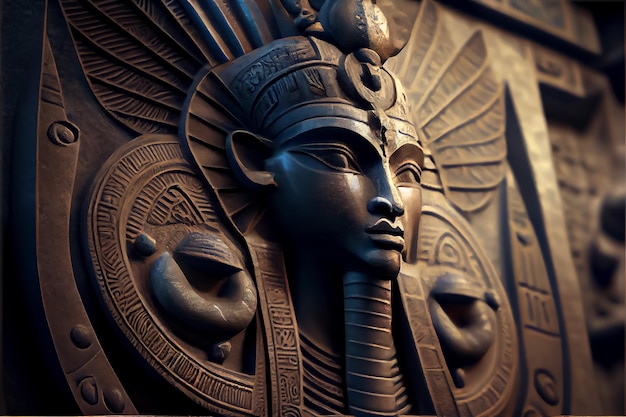 Иллюстрация золотой стилизованной золотой маски фараона на черном фоне AI