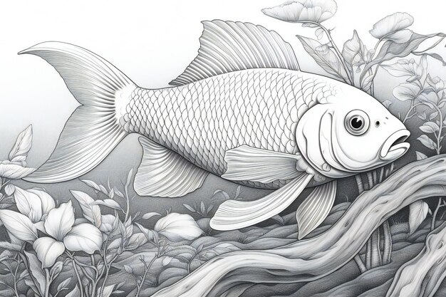 Illustration of a goldfish swimming in the sea on a white background