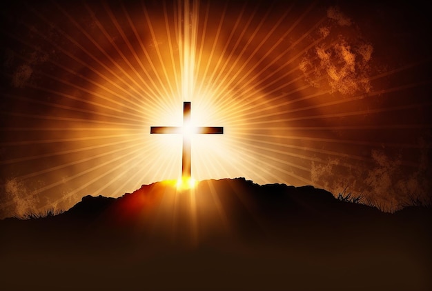 Illustration of good friday background with cross and golden sun rays Generative AI