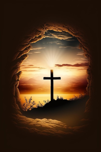Photo illustration of good friday background with cross silhouette on golden sunset sky generative ai