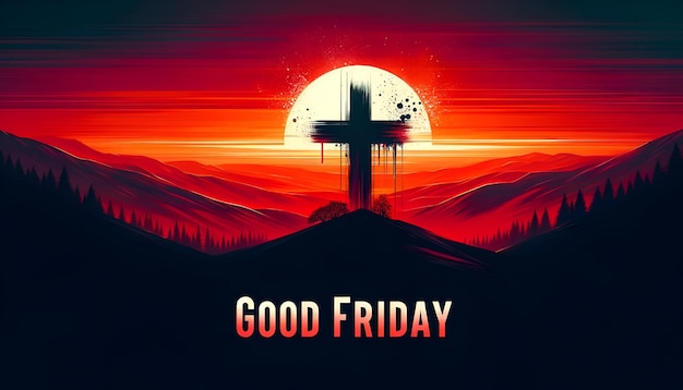 Photo illustration for good friday with a cross standing on a hill at sunset