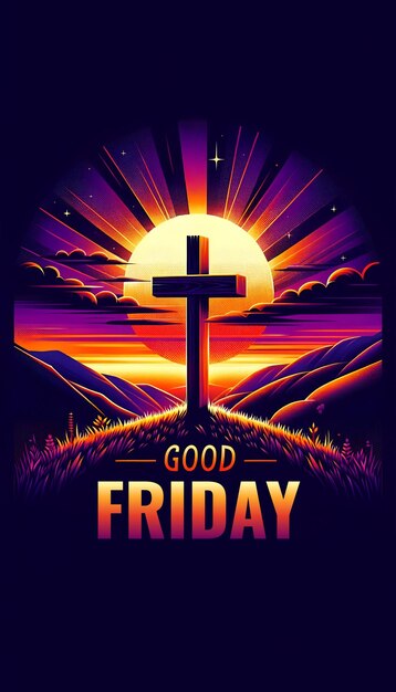 Illustration for good friday with wooden cross on a hill at sunset