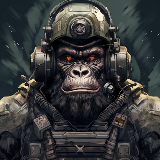 Foto illustrazione di un gorilla che indossa un casco da guerra