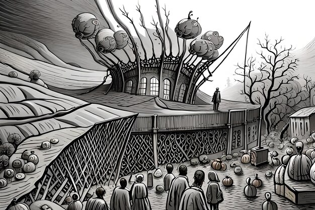 Иллюстрация готического ужасного замка, который выглядит как что-то из книжки с картинками