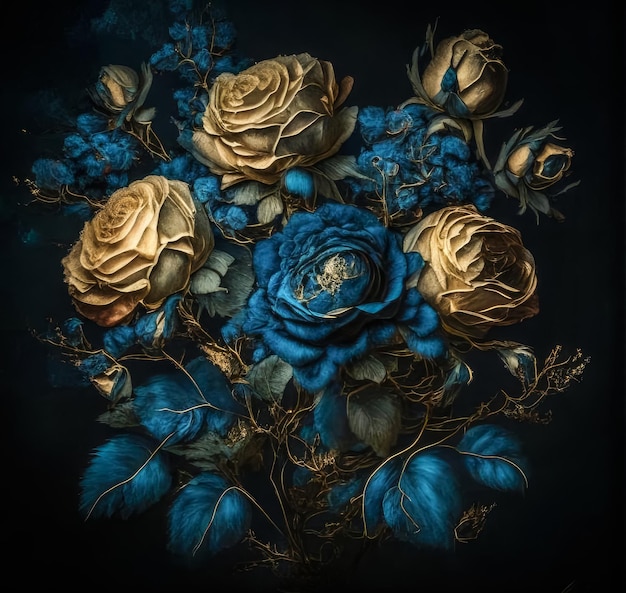 Иллюстрация изящного букета цветов синего и золотого цвета