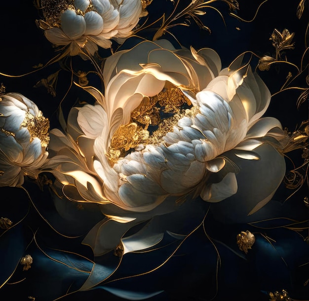 Illustration of a graceful bouquet of peony flowers on a dark background