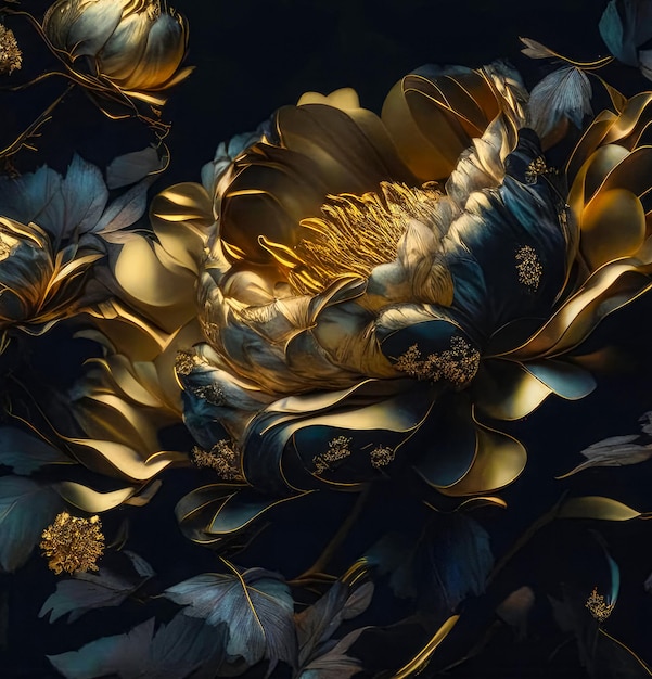 Illustration of a graceful bouquet of peony flowers on a dark background