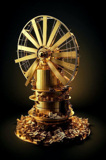 Illustration of grainmill from golden bars isolated on black background rich harvest concept