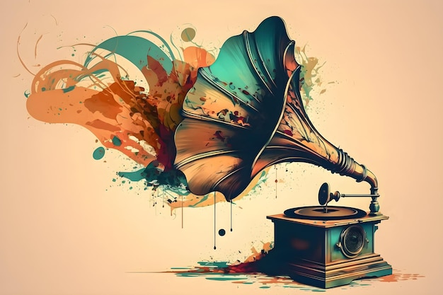 An illustration of a gramophone with a spray of paint and the words'music'on it.