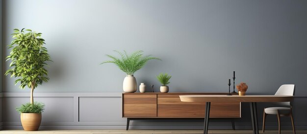 Photo illustration of a gray dining room with table cabinet plant and object