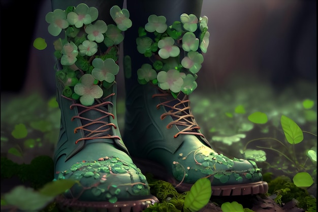 Illustration of green boots patrick day with clover AI