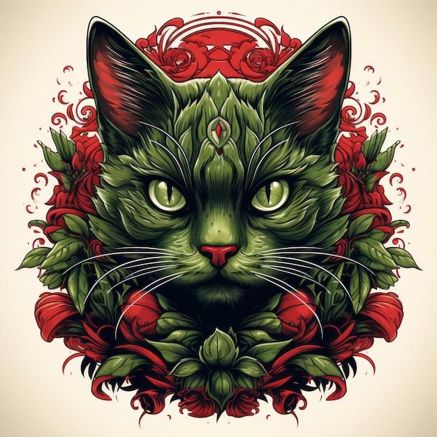 an illustration of a green cat with red eyes