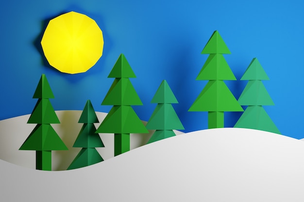 Illustration green coniferous trees in a winter forest with large snowdrifts and yellow sun