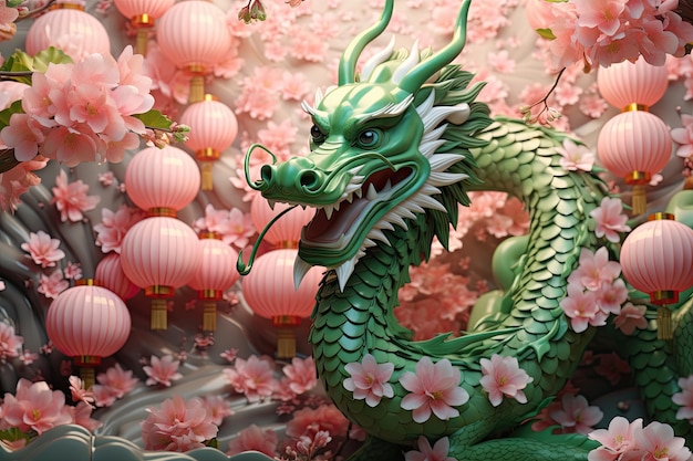 Иллюстрация зеленого дракона на фоне вишневых цветов в стиле китайского Нового года