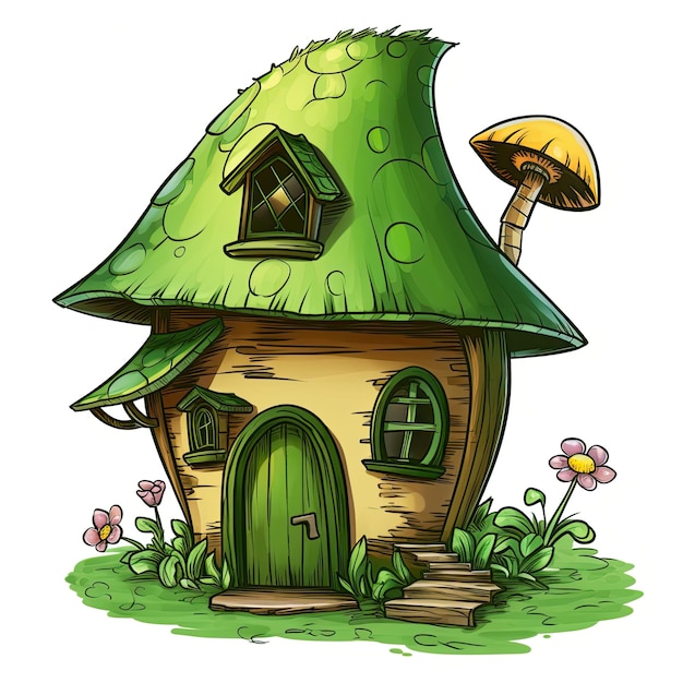 Illustration of a green fairy house with mushrooms on a white background Green Fairy House Clipart AI Generated