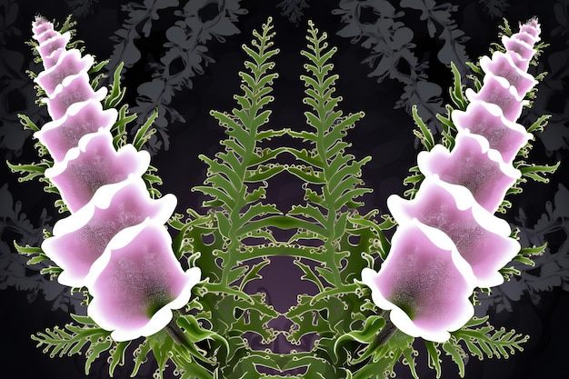 Illustration of a green fern with purple calla lilies