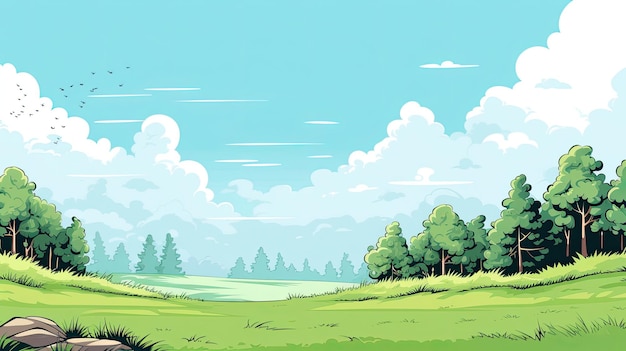 Illustration of a green meadow with trees and blue sky