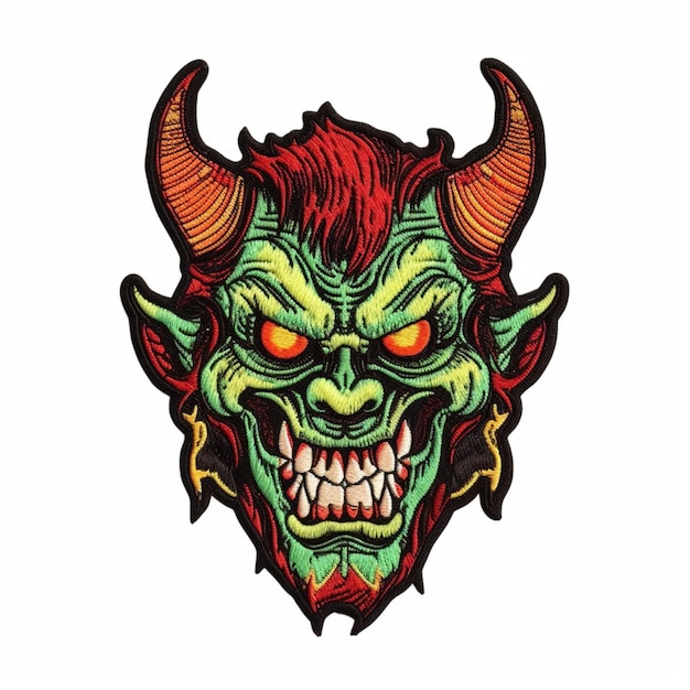 Illustration of a green monster with horns and a red hair.