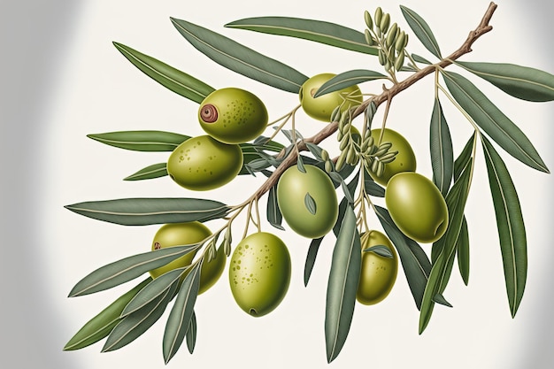 Photo illustration of green olives on a branch in great detail