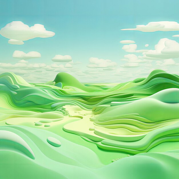 illustration of green sand desert with blue sky and clouds