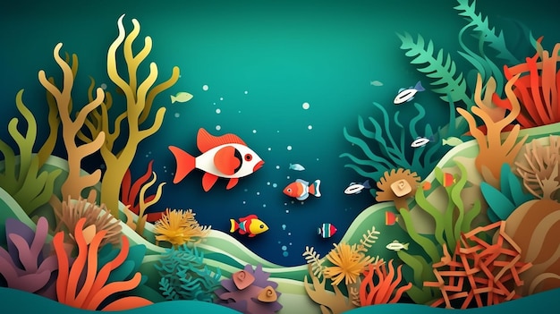 Illustration of green underwater scene with coral reef with a blue background Generative AI