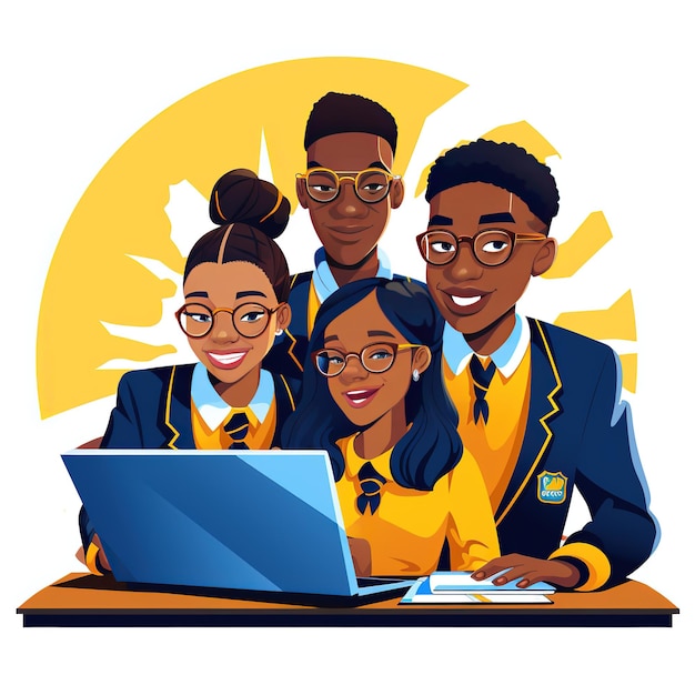 illustration of a group of African students in front computer