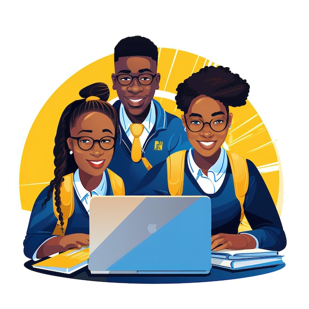 illustration of a group of African students in front computer