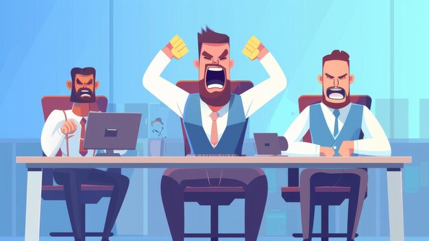 Illustration of a group of angry frustrated and chaotic characters at work Flat illustration showing angry businessmen at their desks