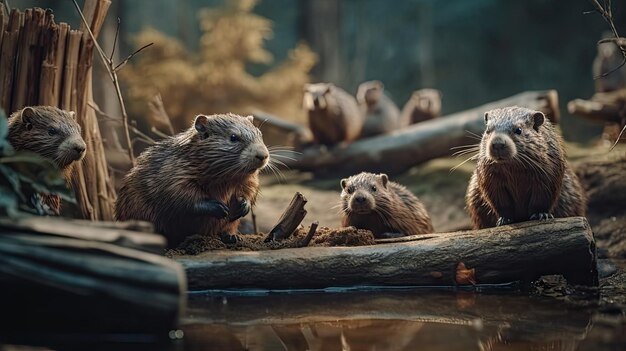 Illustration of a group of beavers on the edge of a river in the forest