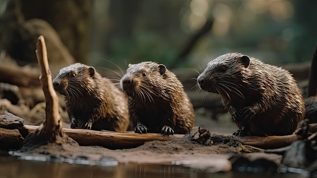 Illustration of a group of beavers on the edge of a river in the forest