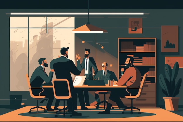 Иллюстрация группы деловых людей, встречающихся в конференц-зале, генеративный ИИ