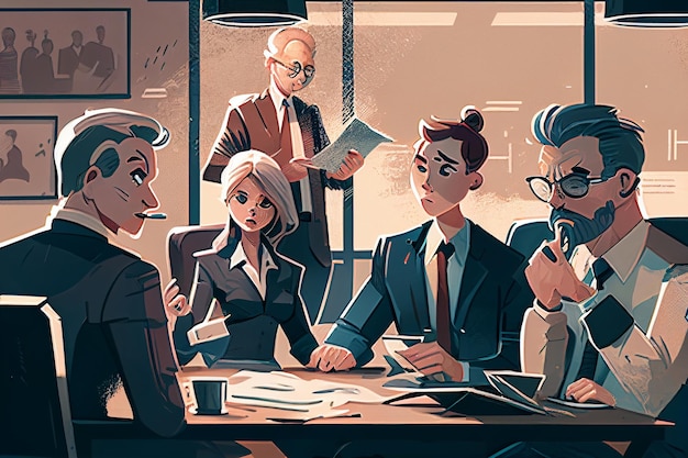 Иллюстрация группы деловых людей, сидящих за столом, генерирующий искусственный интеллект
