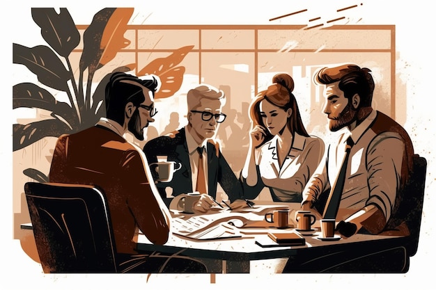 Illustration of a group business people sitting at table generative ai