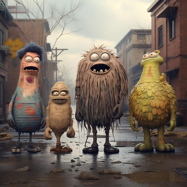 illustration of a group of cartoon monsters stands near an urban