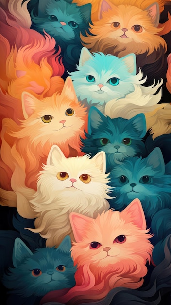 Illustration of a group of cats in different colors Colorful background