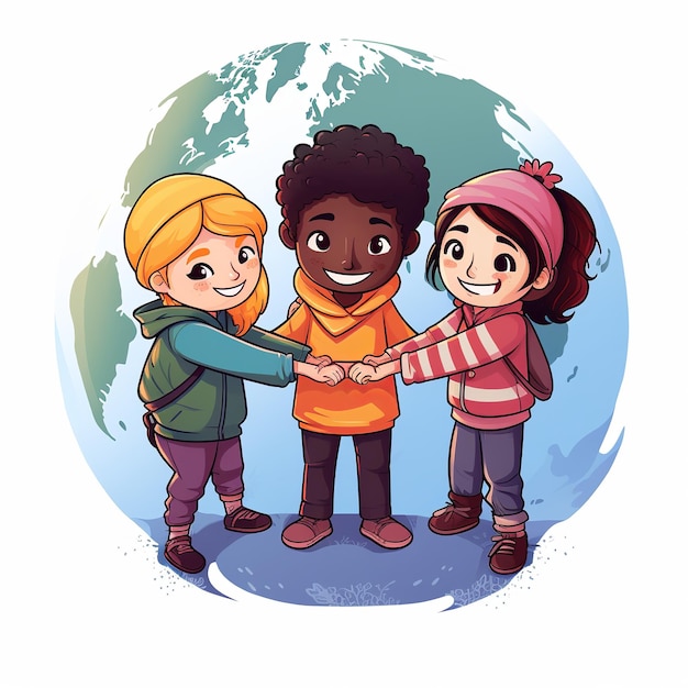 illustration of A group of children from different cultures holding