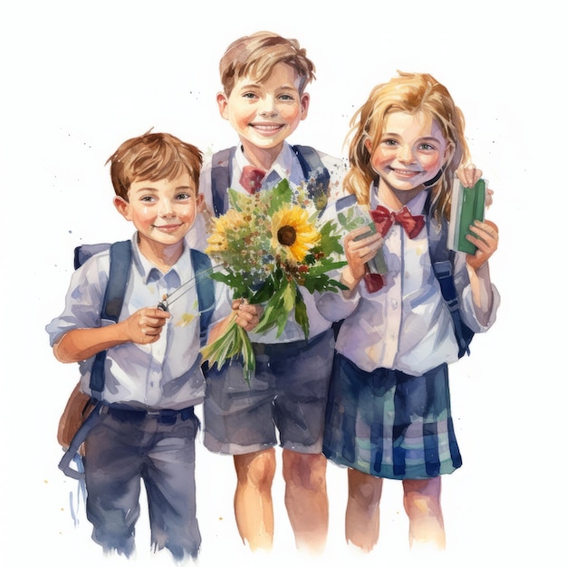 Illustration of a group of children with a bouquet of flowers