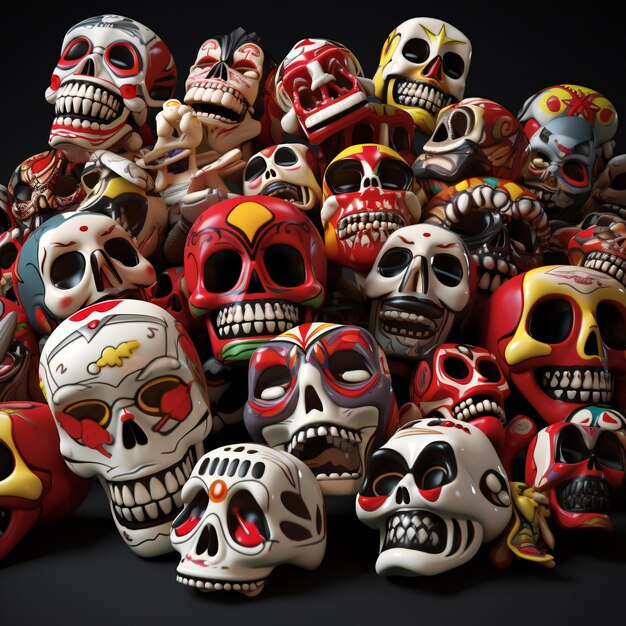 Photo illustration of a group of colorful skulls with different facial expressions