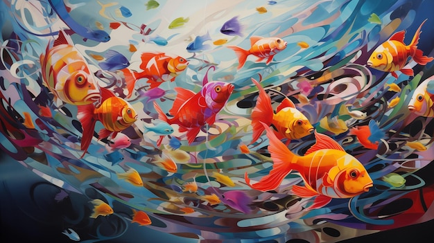 Illustration of a group of goldfish in the water Sea life