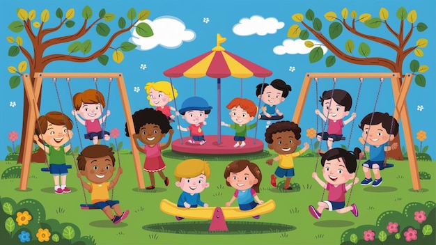 Foto un'illustrazione di un gruppo di bambini felici e diversi che giocano insieme