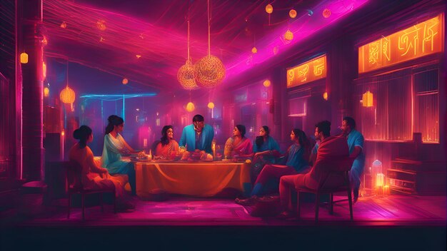 Illustration of a group of Indian people having a dinner in the night club
