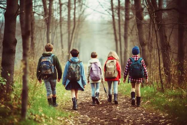 Illustration of group of kids walking in woods