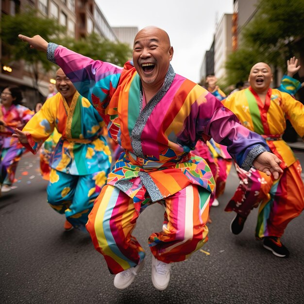 Photo illustration of group of men in colorful happi coats dancing