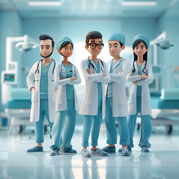 写真 ぼんやりした背景の病院でユニフォームを着た医師のイラストグループ