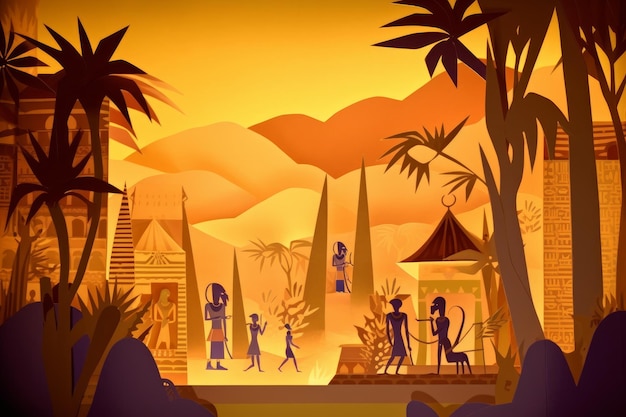 An illustration of a group of people in front of a palm tree.