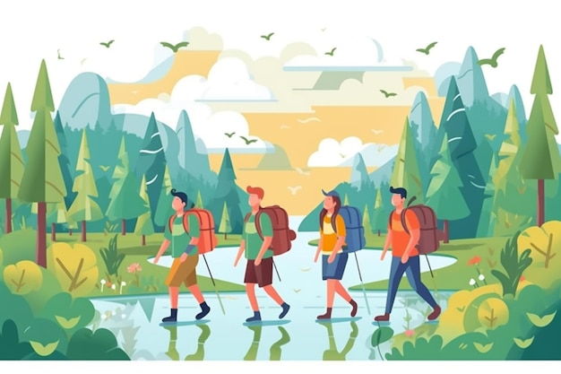 Illustration of a group of people hiking in mountain