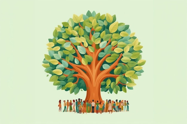 Illustration of a group of people holding hands under a giant tree